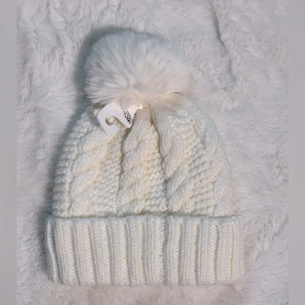 NWT - Michael Michael Kors - Women`s Cable Knit Teddy Fleece Faux Fur Pom Po…